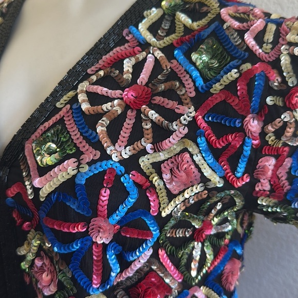 Sweelo Vintage 80s Silk Floral Sequin Beaded Jacket Multicolor - Picture 5 of 9